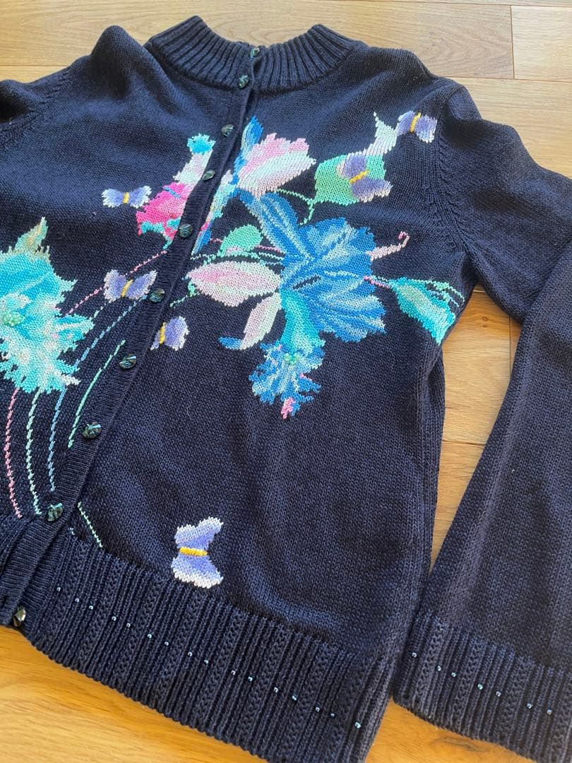 LEONARD 花柄刺繍 ネイビー カーディガン