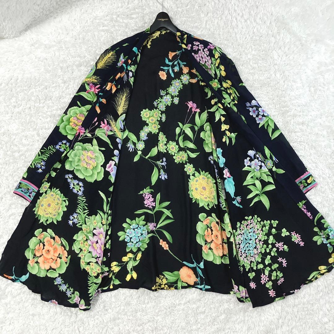 美品✨シルク100% レオナール カーディガン ロング カットソー トリム 花
