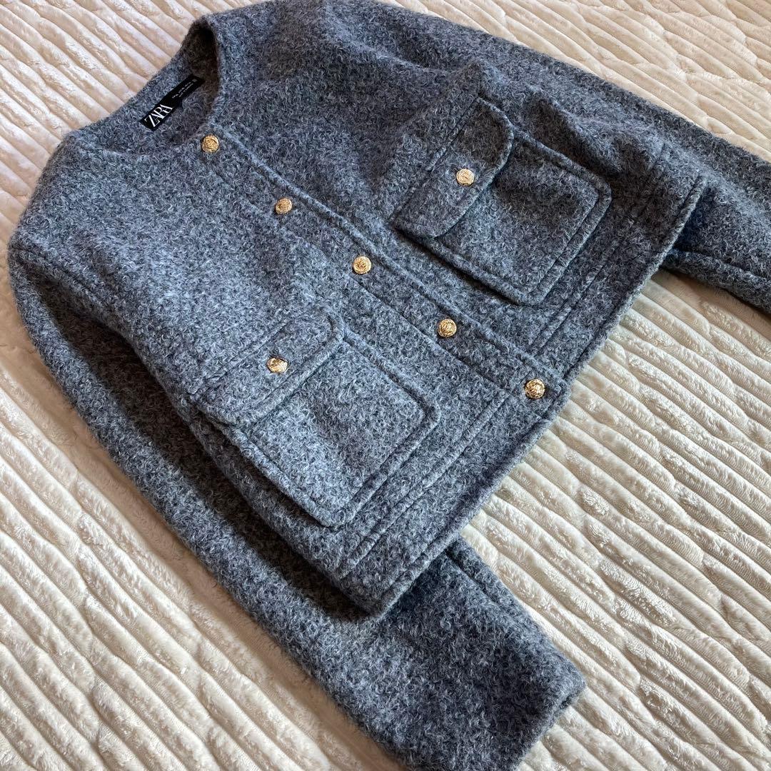 【ZARA】美品 ゴールドボタンブークレジャケット XL ノーカラー ゆったり