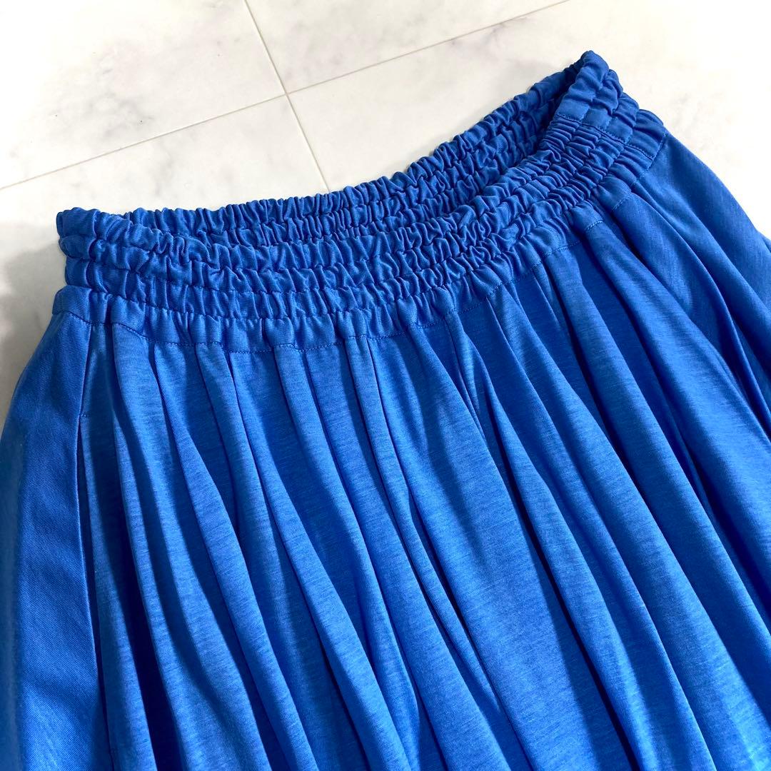 美品 エブール 23SS プリーツロングスカート ウエストゴム ブルー 38