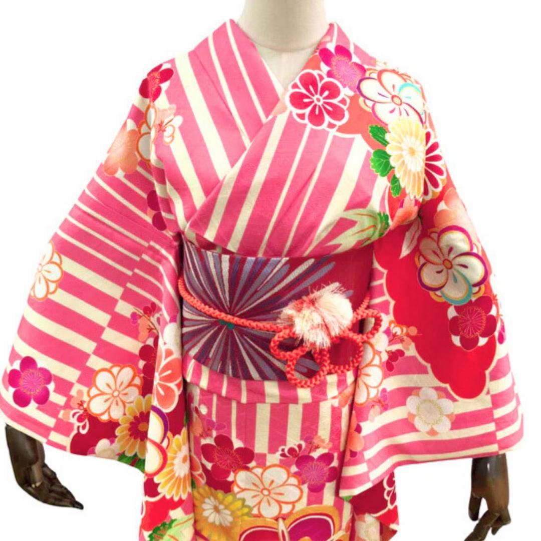 【美品】 振袖 正絹 レトロ モダン ポップ 成人式 単品 41 ●