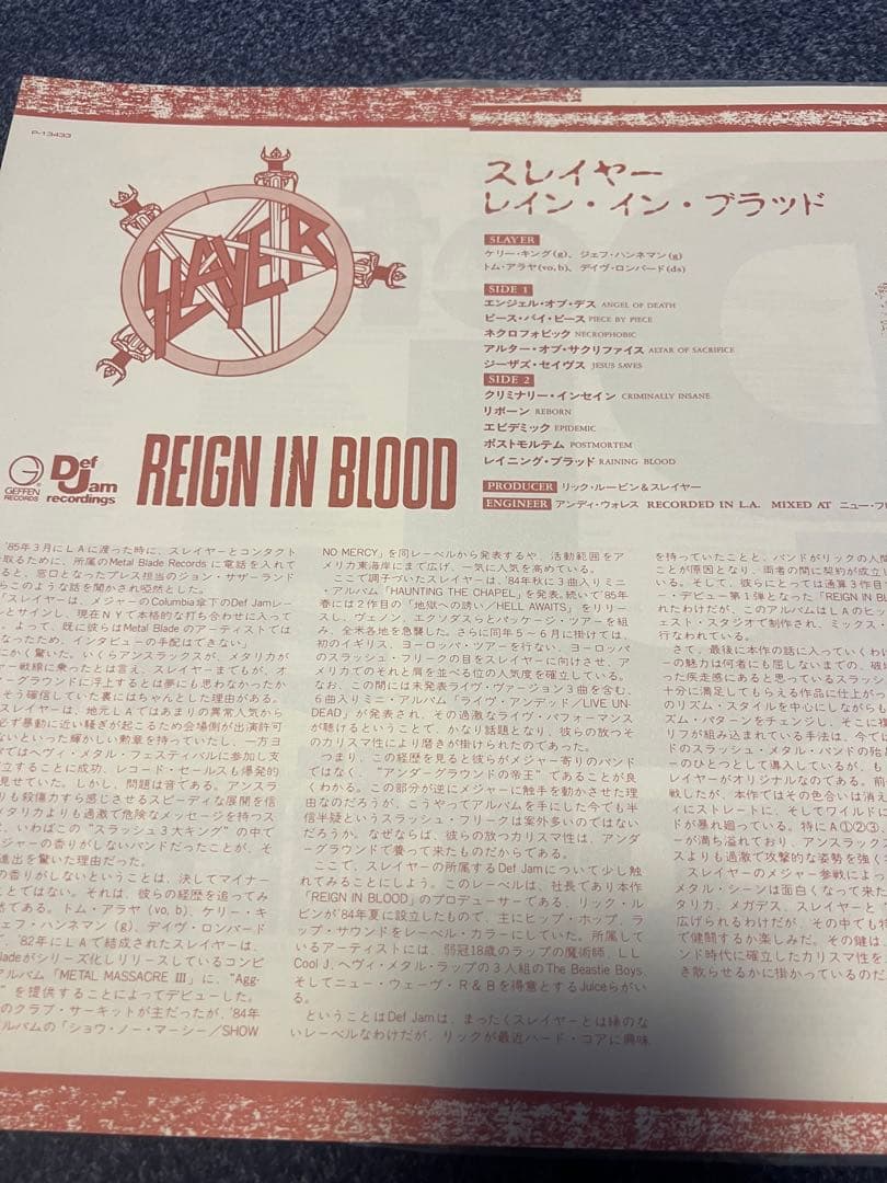 スレイヤー　Reign in Blood レコード　国内版　極上品