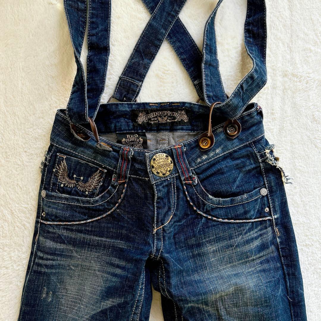 Y2K archive サスペンダー付きデニム　翼　刺繍　レザー　フレアデニム