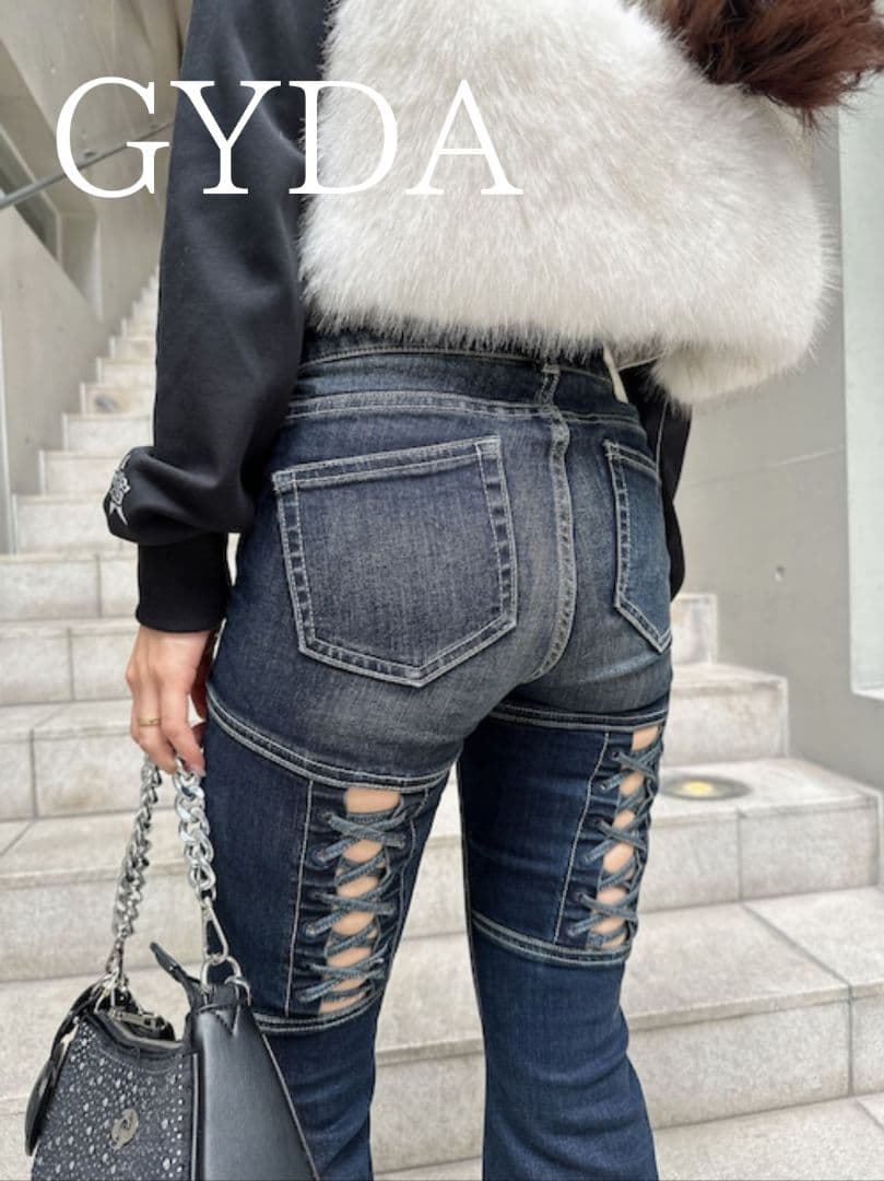 GYDA ハイウエストボタンBACKレースアップフレアデニムパンツ