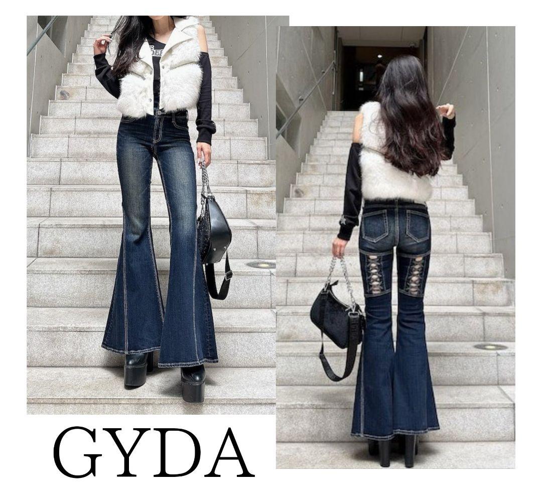 GYDA ハイウエストボタンBACKレースアップフレアデニムパンツ