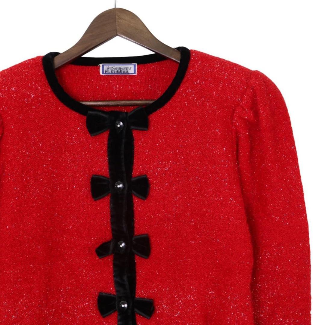 Yves Saint Laurent カーディガン チャイナ M 赤 ラメ