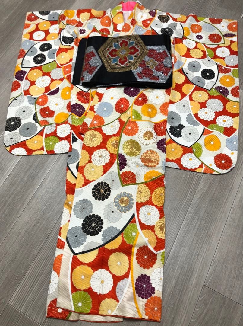 振袖 花柄　成人式　刺繍　着物　帯　セット　総柄　レトロ　袴　卒業　キモノ姫