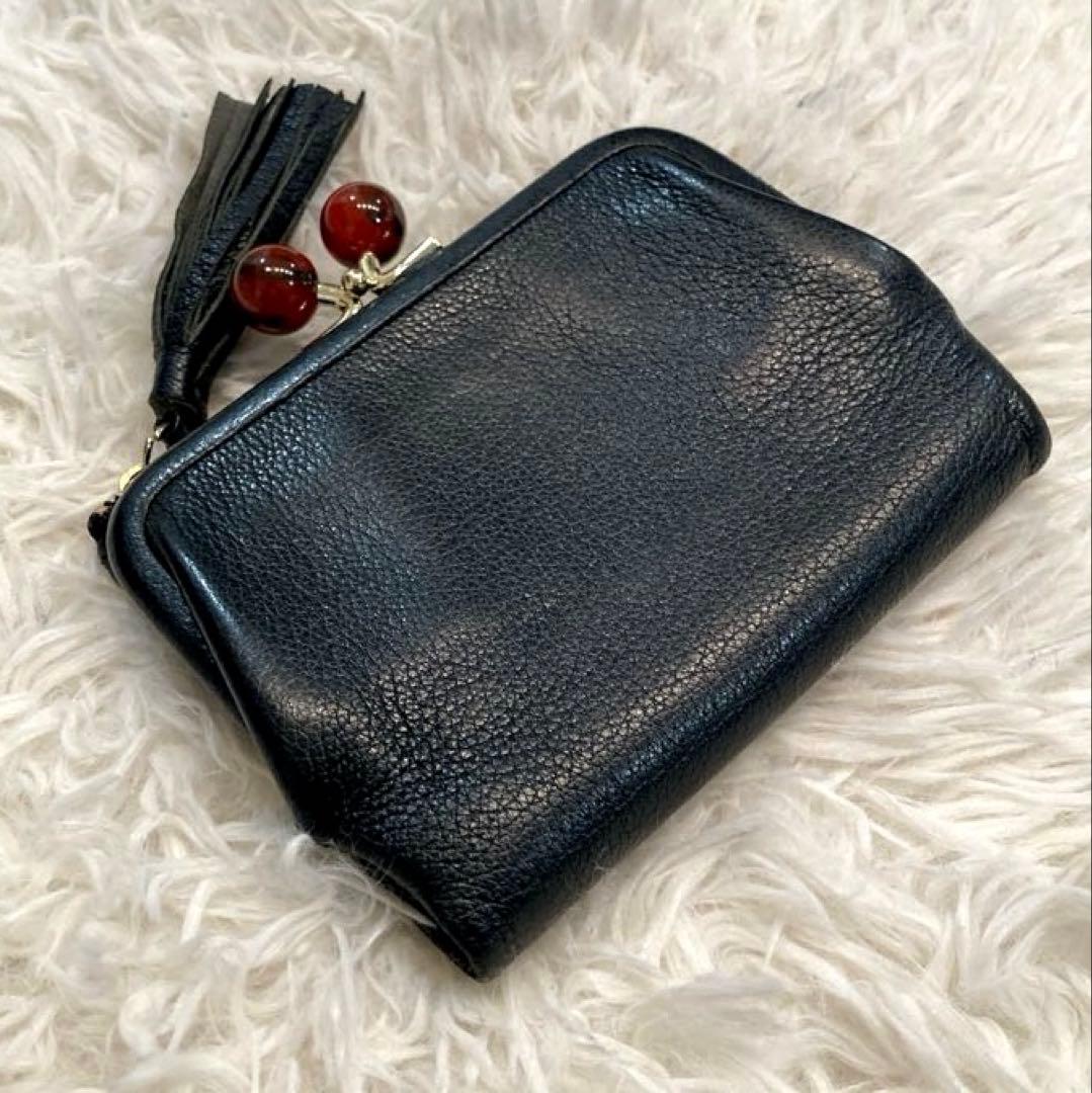 【美品】perche ペルケ　アクリル玉　本革 がま口 二つ折り財布　ブラック