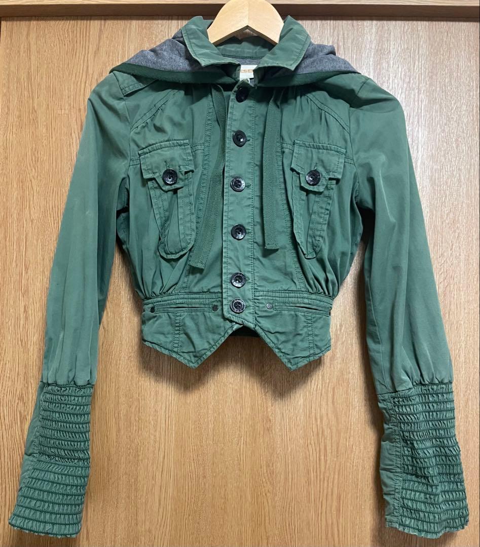 DIESEL オリーブグリーン ミリタリークロップドジャケット フード付 XS