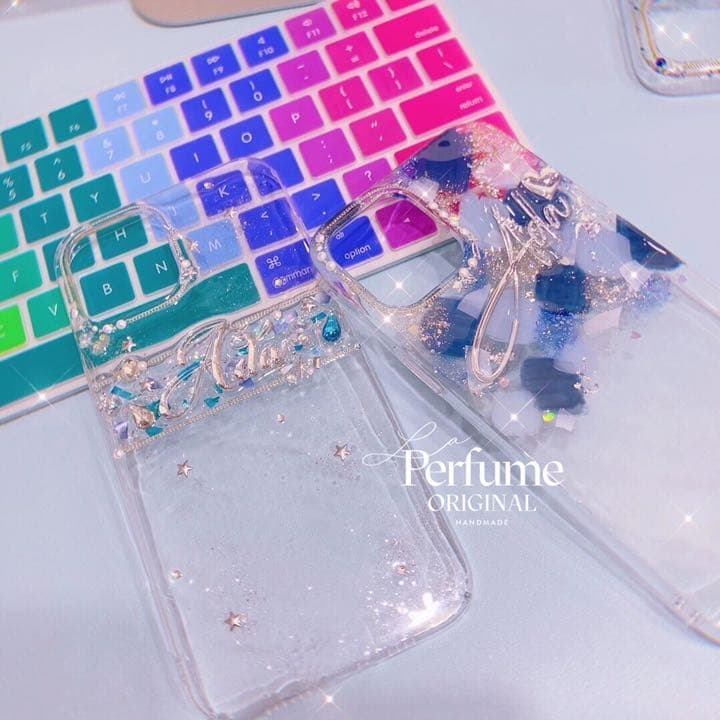 名入れ♡ニュアンスアートペイント✨キラキラフレーク パール⭐︎スマホケース ブルー