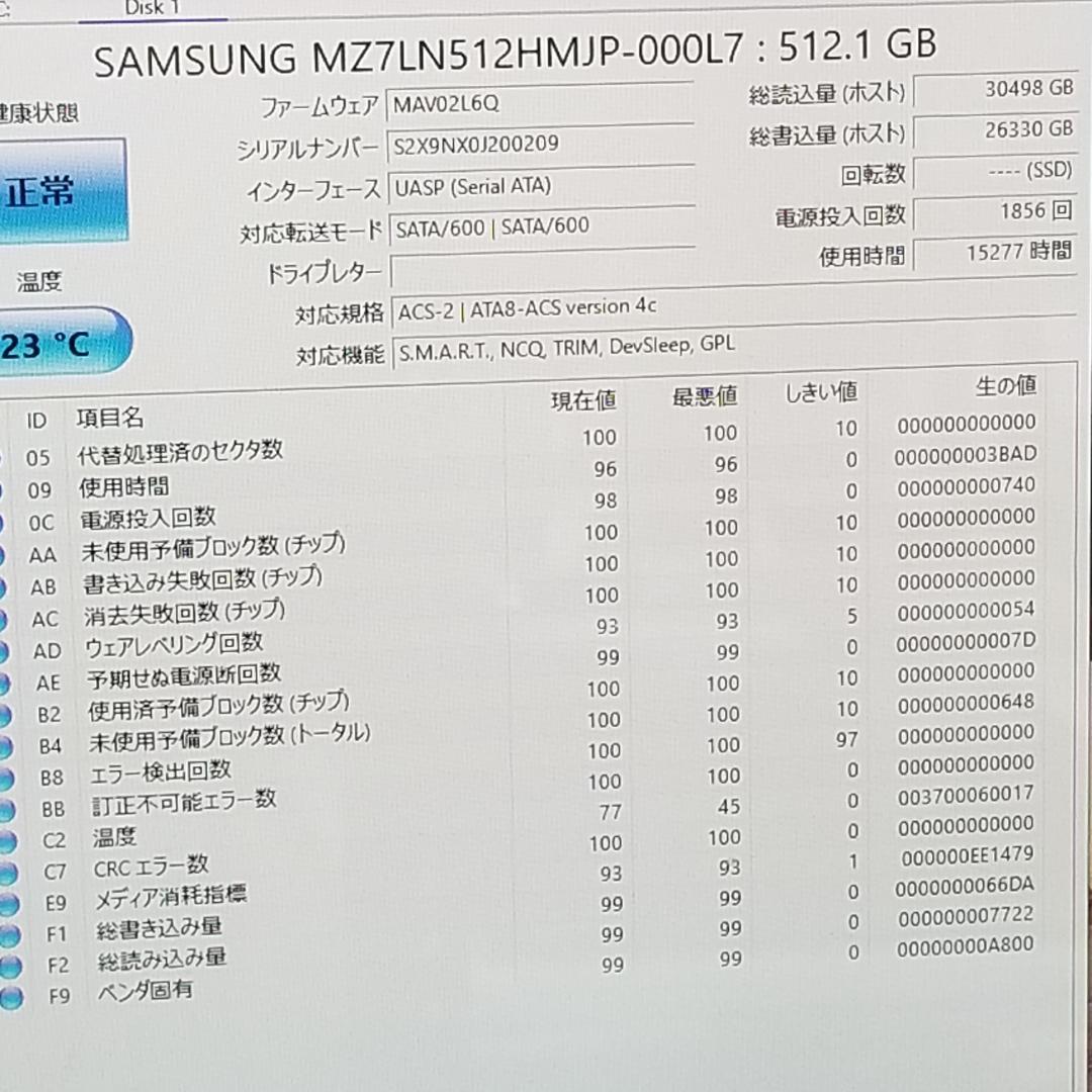 使用時間15277時間 正常表示 SSD512GB 2.5インチ(B1897)