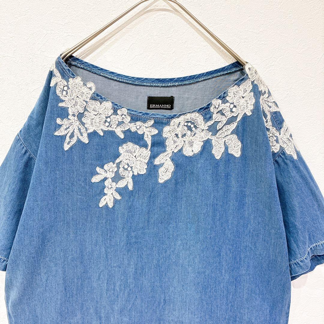 エルマンノシェルヴィーノ ワンピース M デニム レース 半袖リヨセル 0423