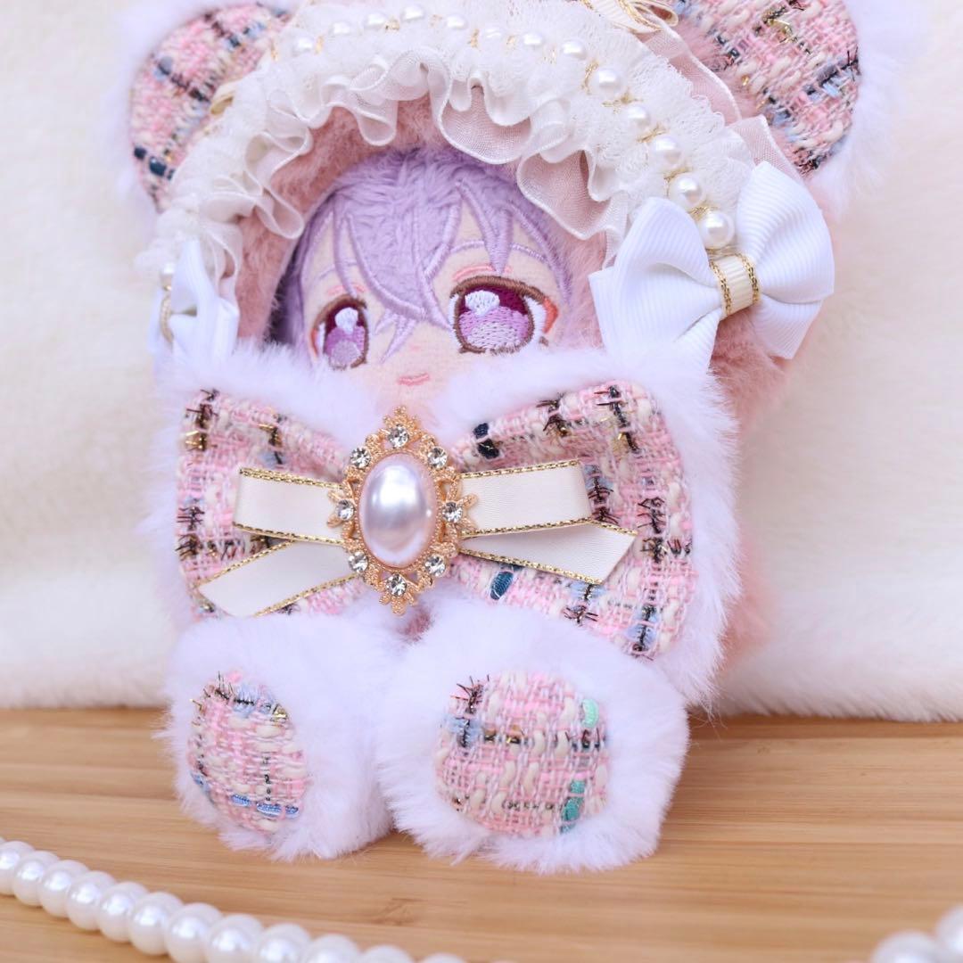 ツイードリボンのくまさん.12〜14cm/ピンク❤︎おすわりぬい服 ちびぐるみ