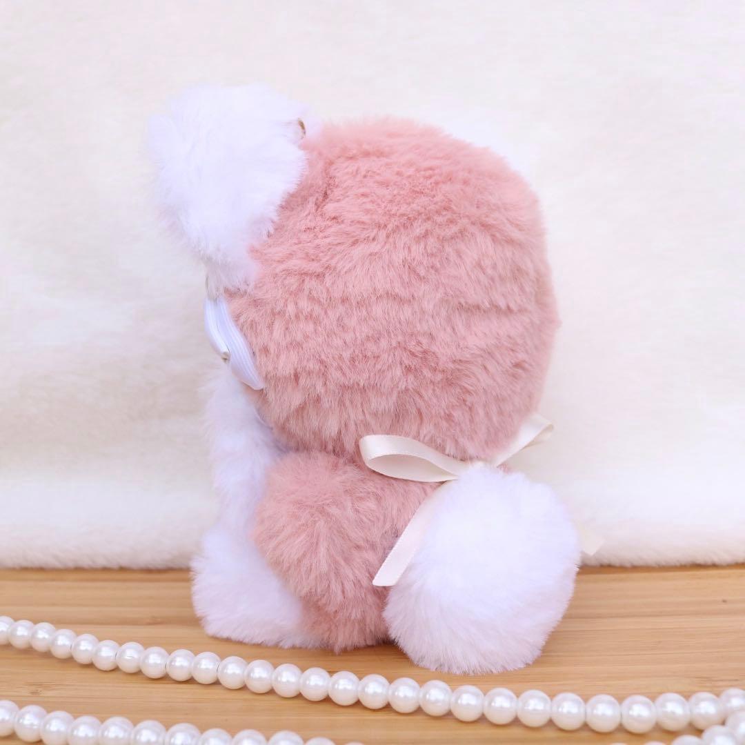 ツイードリボンのくまさん.12〜14cm/ピンク❤︎おすわりぬい服 ちびぐるみ