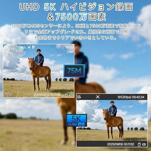 デジカメ 5K 7500万画素 デジタルカメラ 180度回転可能 スクリーン