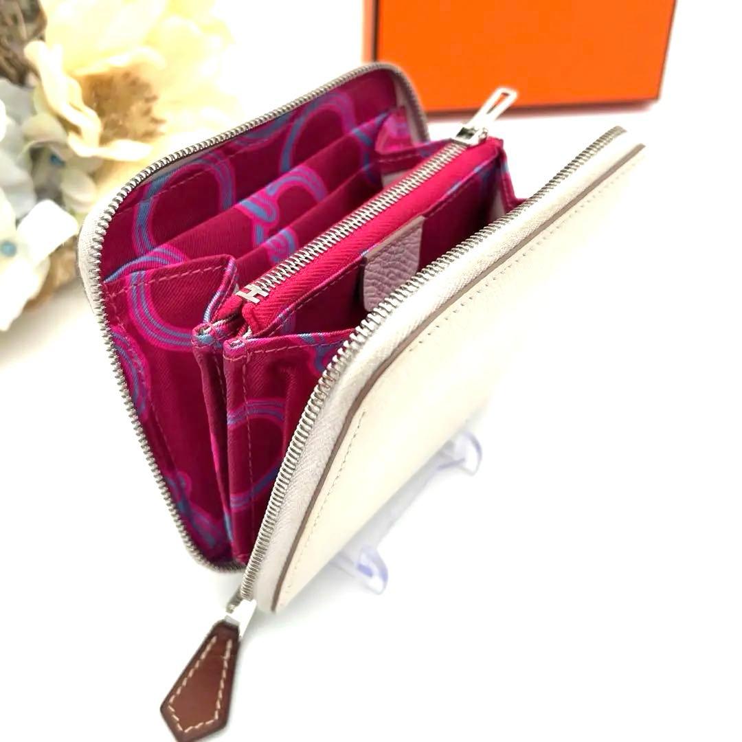 HERMES 折り財布　アザップ　シルクインコンパクト　エルメス　白×濃ピンク