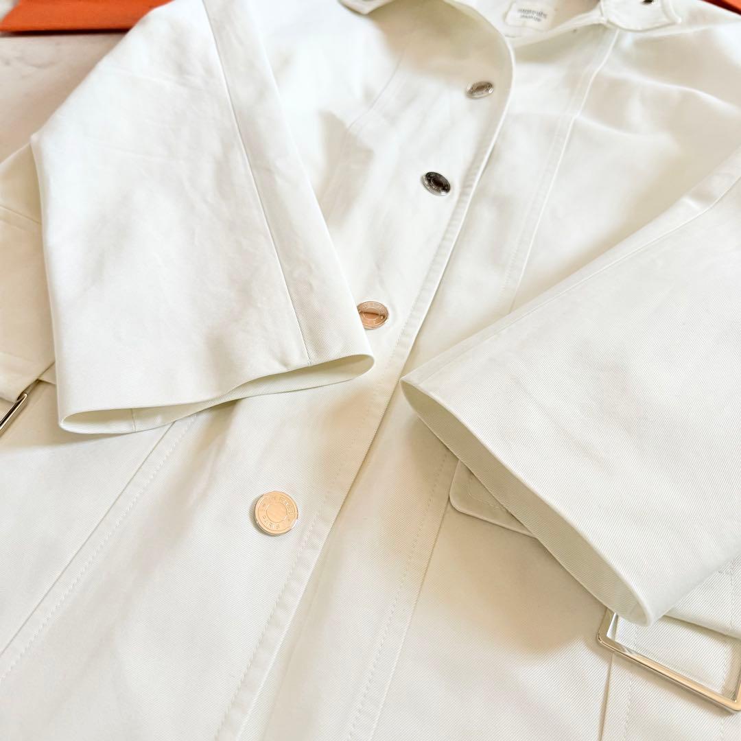 極美品★HERMES コットン スプリングコート セリエボタン ホワイト 38