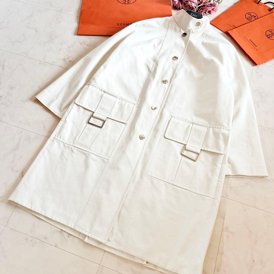 極美品★HERMES コットン スプリングコート セリエボタン ホワイト 38