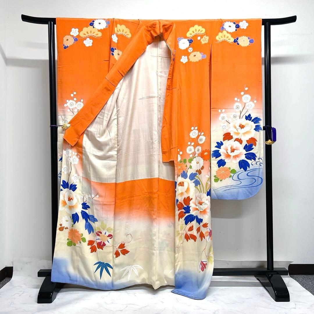 アンティーク　振袖　刺繍　金駒刺繍　牡丹　菊花　梅花　流水　松　着物　039k