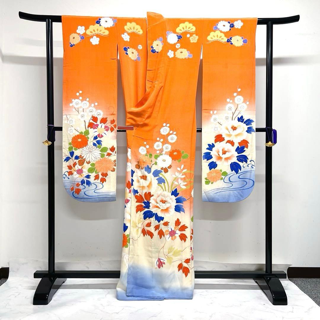 アンティーク　振袖　刺繍　金駒刺繍　牡丹　菊花　梅花　流水　松　着物　039k