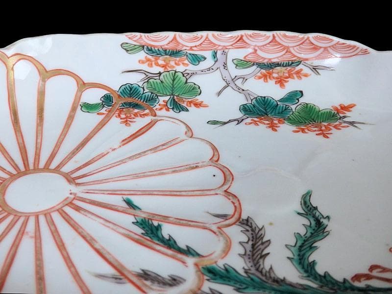 古伊万里　金襴手　陽刻　桐に鳳凰　菊の図　楕円長皿　F054AS-fbvo