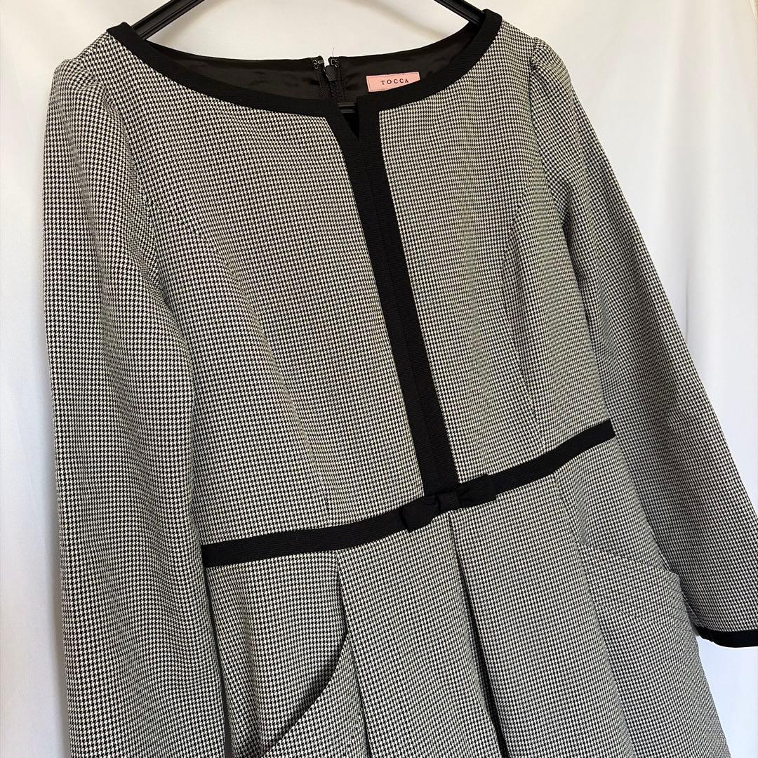 美品 TOCCA 洗える 千鳥格子 長袖ワンピース 2 M 9号 トッカ グレー