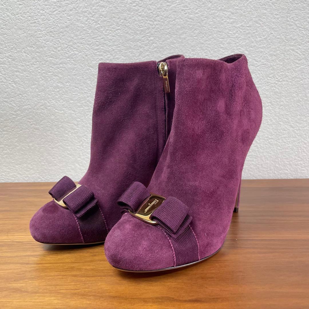 【極美品】Farragamo★ショートブーツ　リボン　サイドジップ　パープル