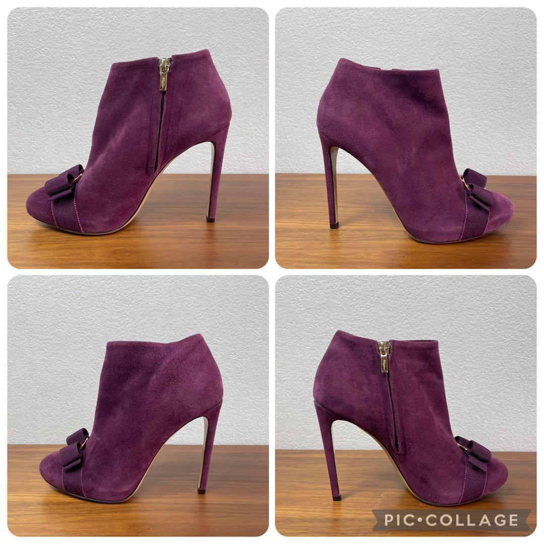 【極美品】Farragamo★ショートブーツ　リボン　サイドジップ　パープル