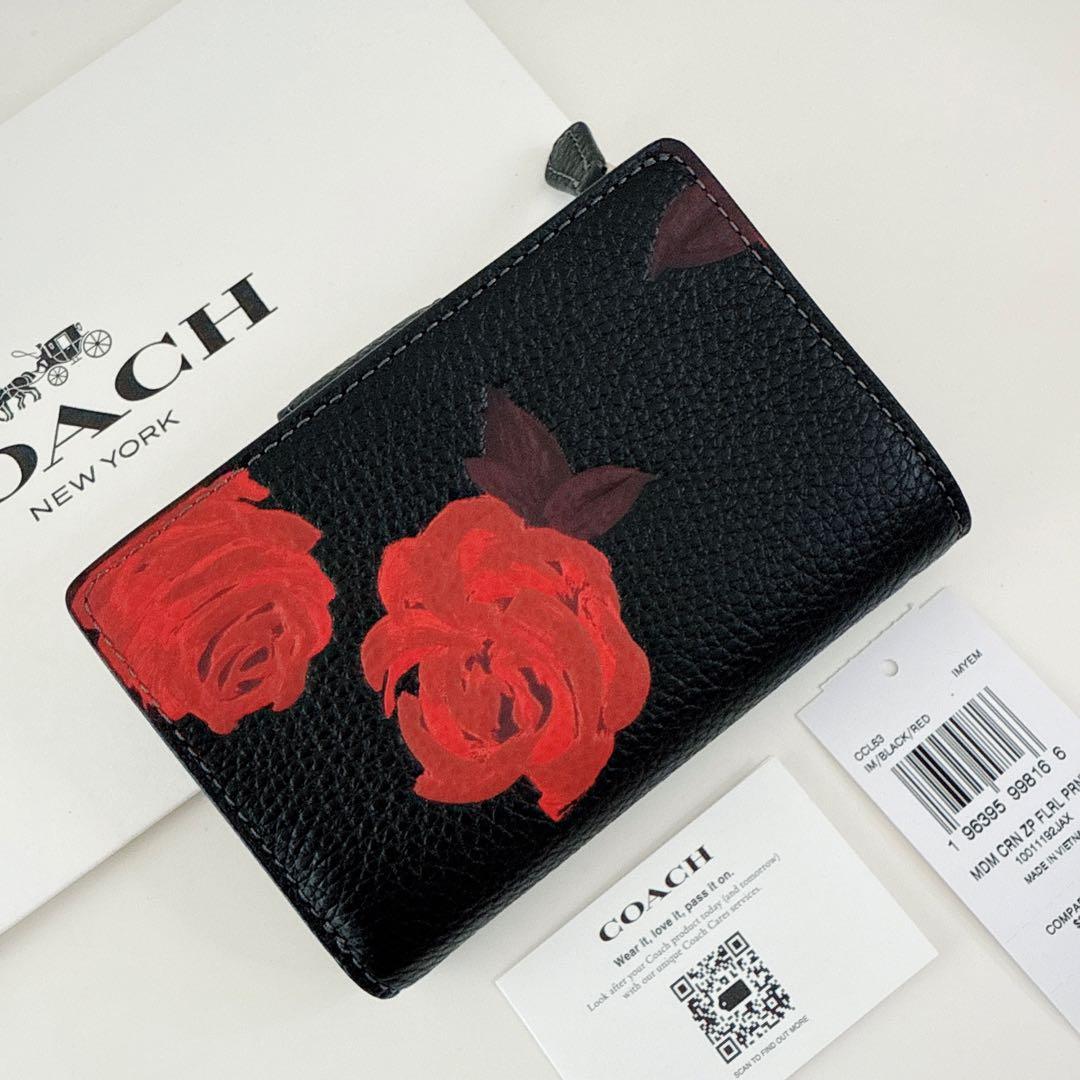 COACH コーチ　二つ折り財布　ブラック　レッド花柄　ローズ柄　赤色　折り財布