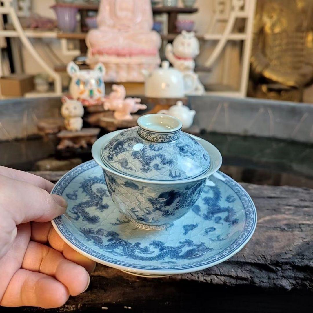 未使用品 青花古竜高足三才蓋碗 　湯呑 茶器 蓋付き茶器 飲茶食器