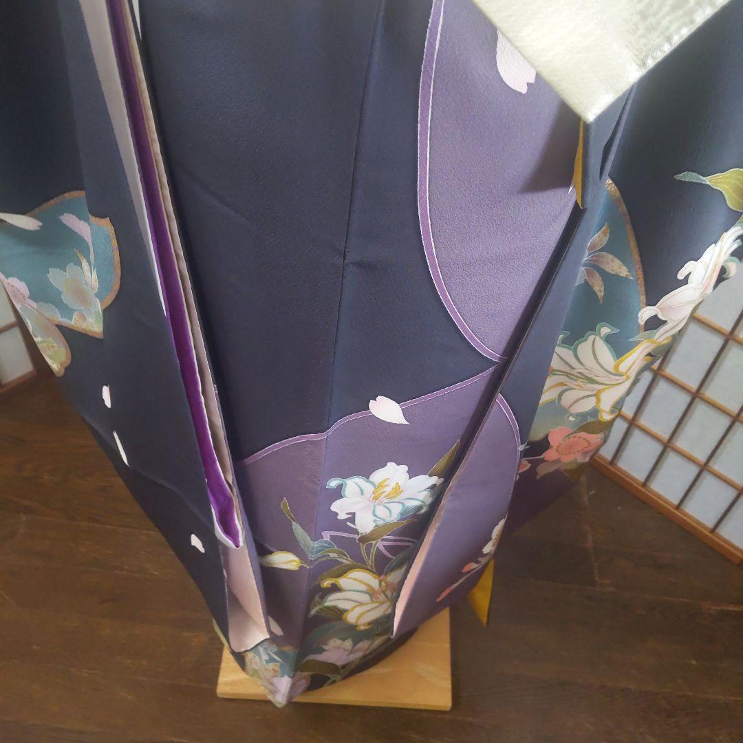 479 濃紺　金銀　百合蝶　正絹振袖6点フルセット成人式卒業式謝恩会結婚式
