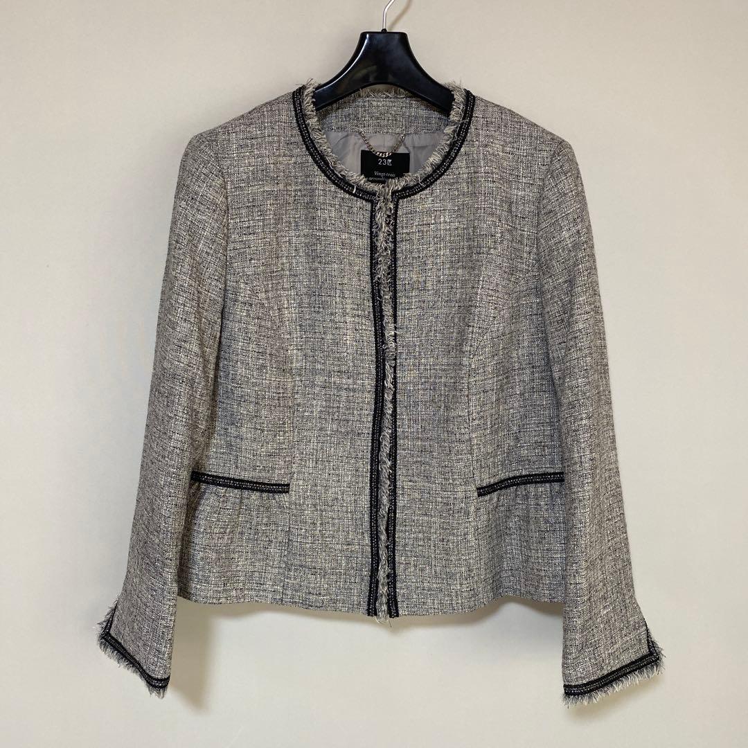 23区 ノーカラー ジャケット 44 ツイード 白×黒 ラメ 面接 OL DMW