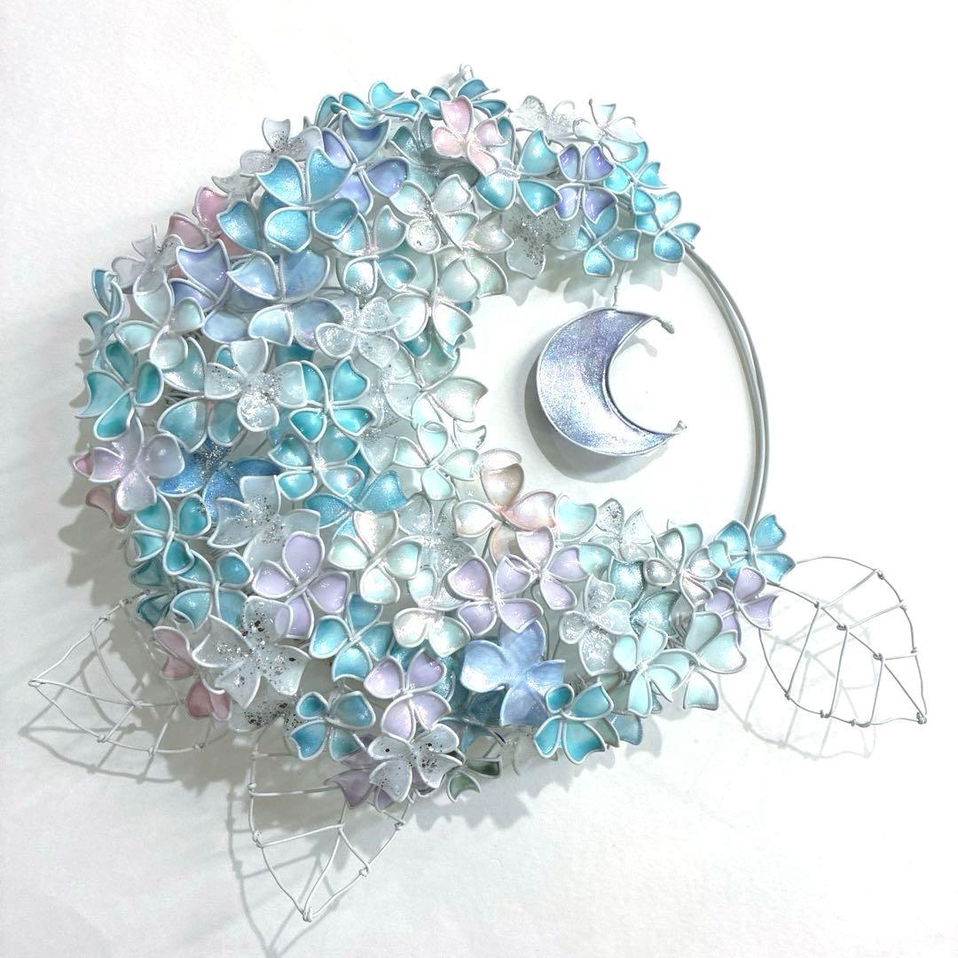 一点物　月×大きな紫陽花リース　ディップアート　ワイヤークラフト　アート