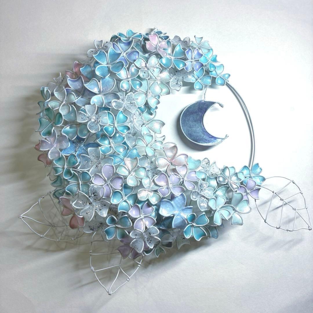 一点物　月×大きな紫陽花リース　ディップアート　ワイヤークラフト　アート