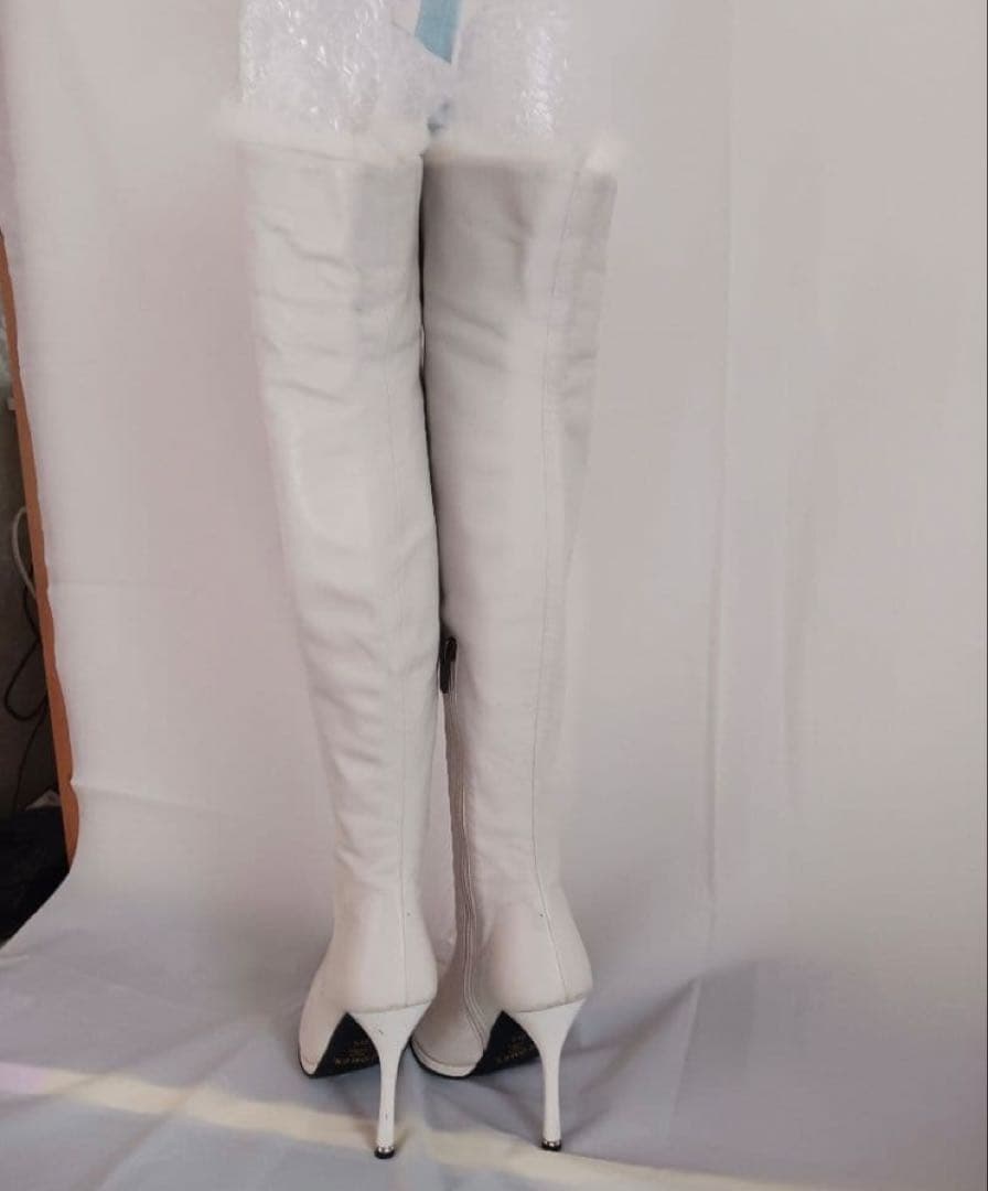 COMEXホワイトレザー ファー付きロングブーツ ハイヒール ニーハイブーツ