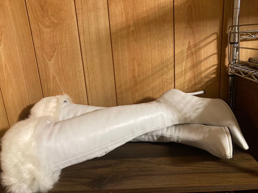 COMEXホワイトレザー ファー付きロングブーツ ハイヒール ニーハイブーツ
