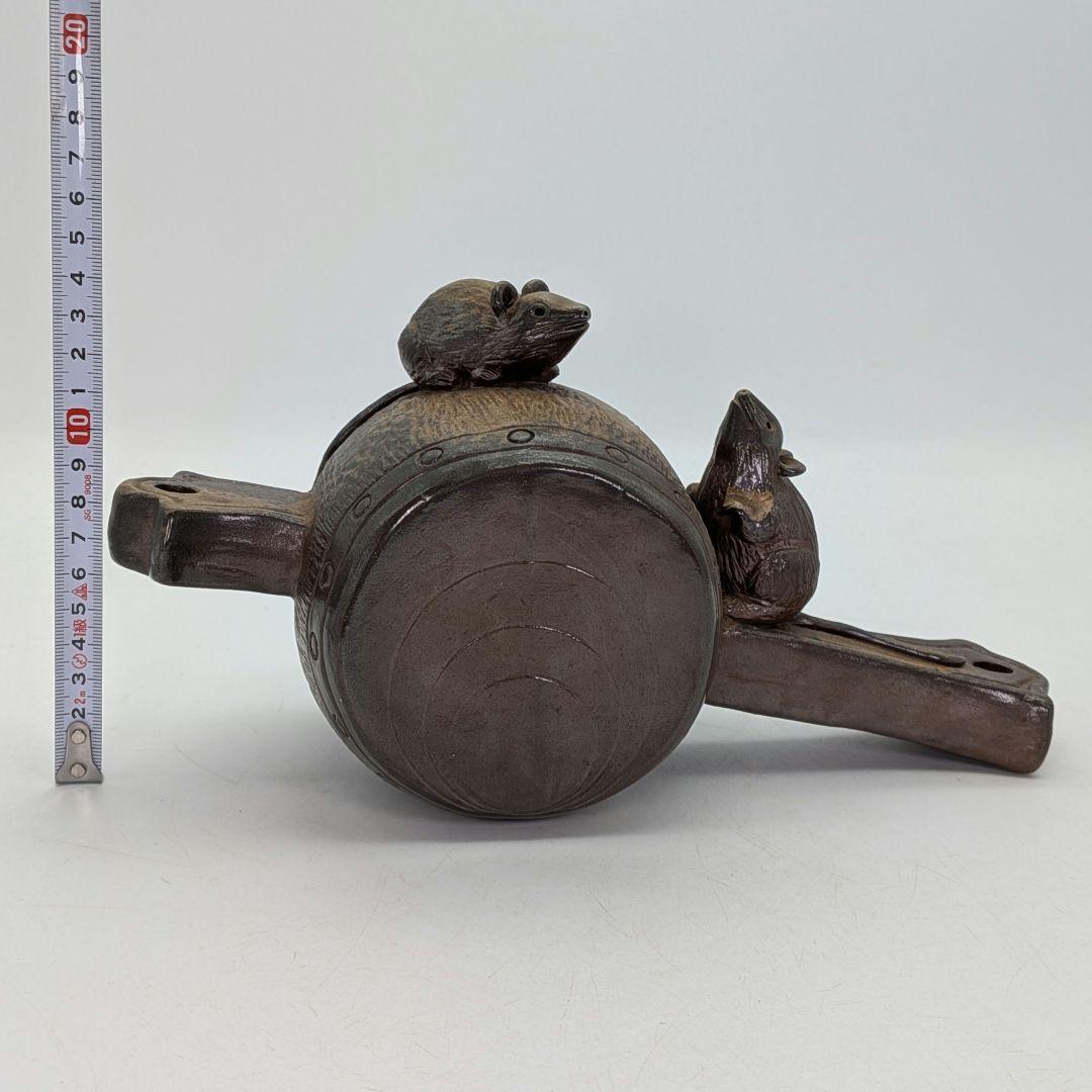 七福窯 備前焼 干支置物「子」 共箱 打出の小槌 ネズミ 鼠 縁起物 細工物