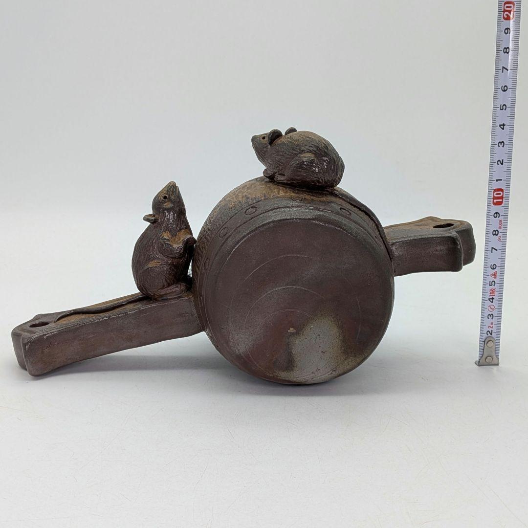 七福窯 備前焼 干支置物「子」 共箱 打出の小槌 ネズミ 鼠 縁起物 細工物