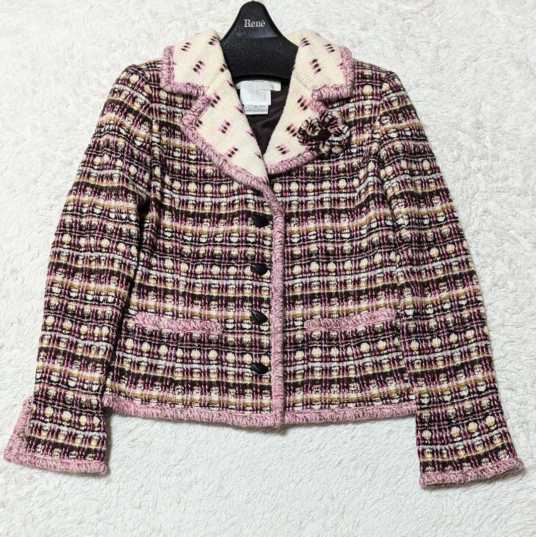 美品◎Rene モヘヤアンゴラ混 ツィードジャケット TISSUE社 M ピンク