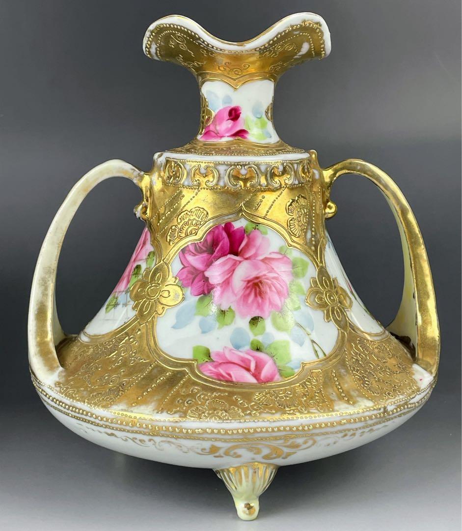 【訳あり】オールドニッポン 金盛り薔薇紋 双耳三脚花瓶 金盛り 三つ足 バラ