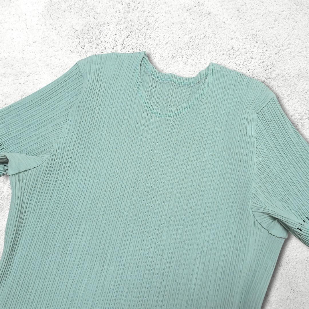 美品【イッセイミヤケ】プリーツ 半袖カットソー M ミントグリーン ISSEY