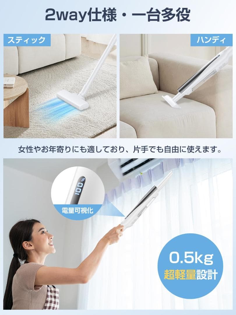 新品未使用　掃除機 コードレス 軽量 【置くだけ充電】 38Kpa強力吸引