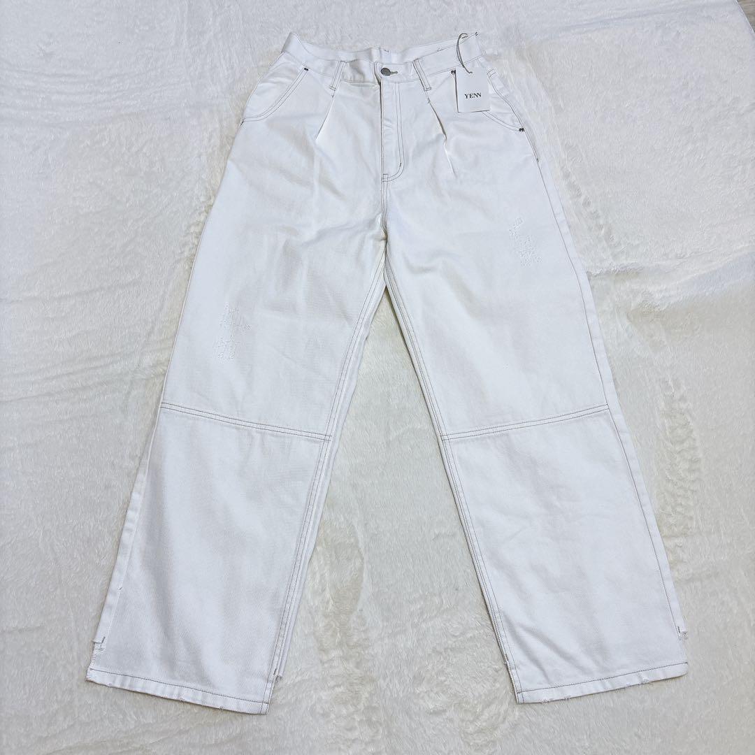 【新品】YENN イエン　デニム　ハイライズ タック ワイド パンツ 白　38