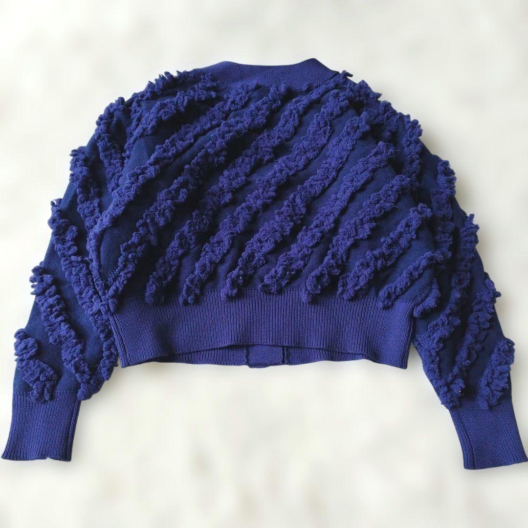 24AW♡美品✨ダブスタ フリンジジャガードニットカーディガン ブルー 38/M