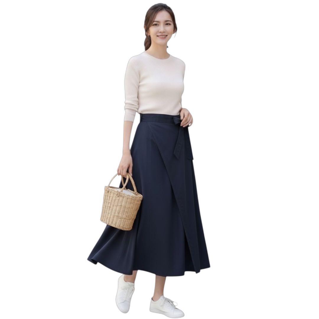 極美品 Drawer ドゥロワー ラップフレアスカート ネイビー 38 リボン