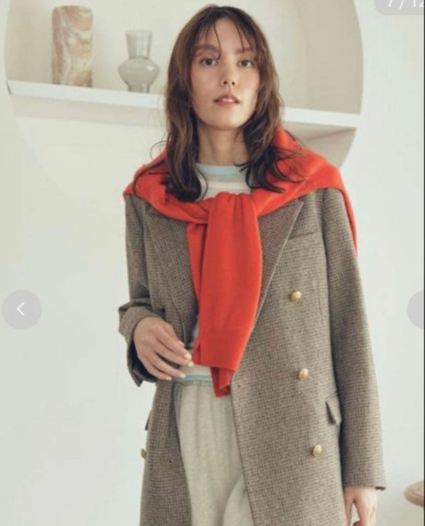 チェック金釦ダブルブレストロングブレザー　Mila Owen