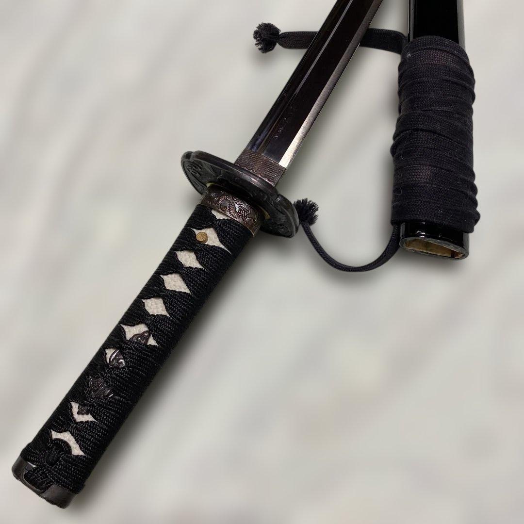 脇差居合刀 黒柄 富士昇龍木瓜鍔 黒呂鞘