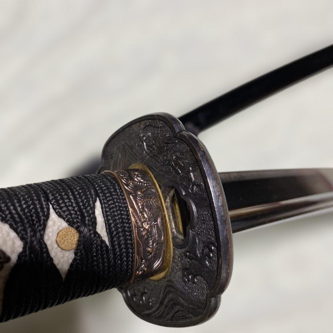 脇差居合刀 黒柄 富士昇龍木瓜鍔 黒呂鞘