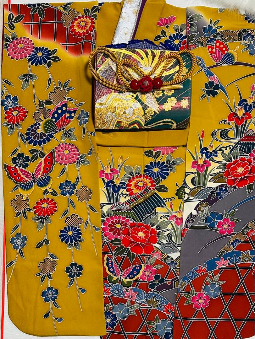 新品　最高級本振袖　京紅型巨匠宮崎良次先生作品 振袖用高級唐織袋帯　フルセット