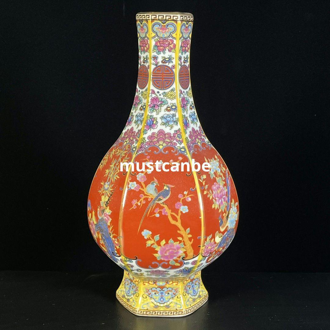 珐瑯彩赤釉花鸟六棱瓶 景徳鎮 陶磁器 装飾品 現代工芸品 美術品 置物